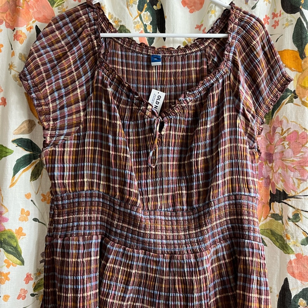 Brown Plaid Smocked-Waist Short-Sleeve Peplum Top Old Navy